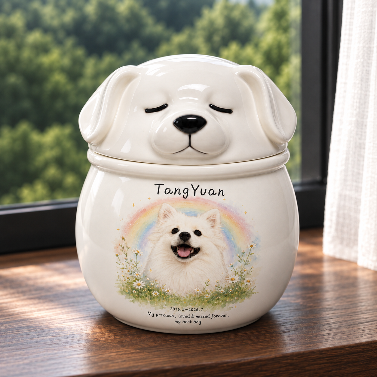 TangYuan ceramic memorial in a forest window setting