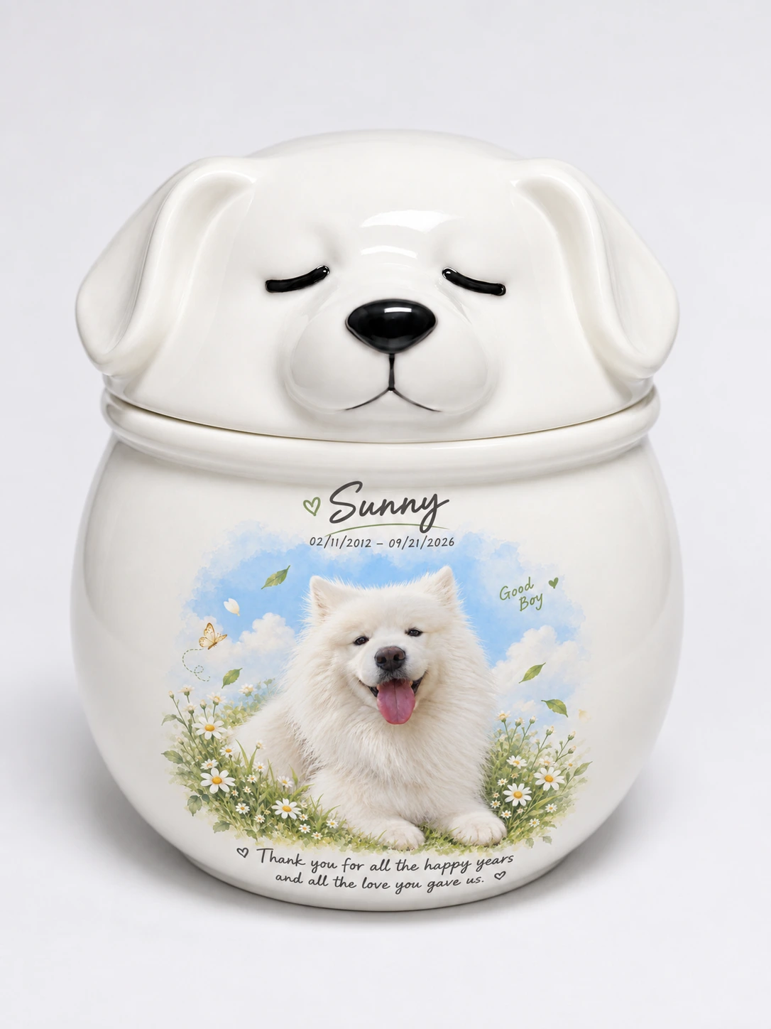 Sunny’s finished ceramic dog memorial with the original white lid