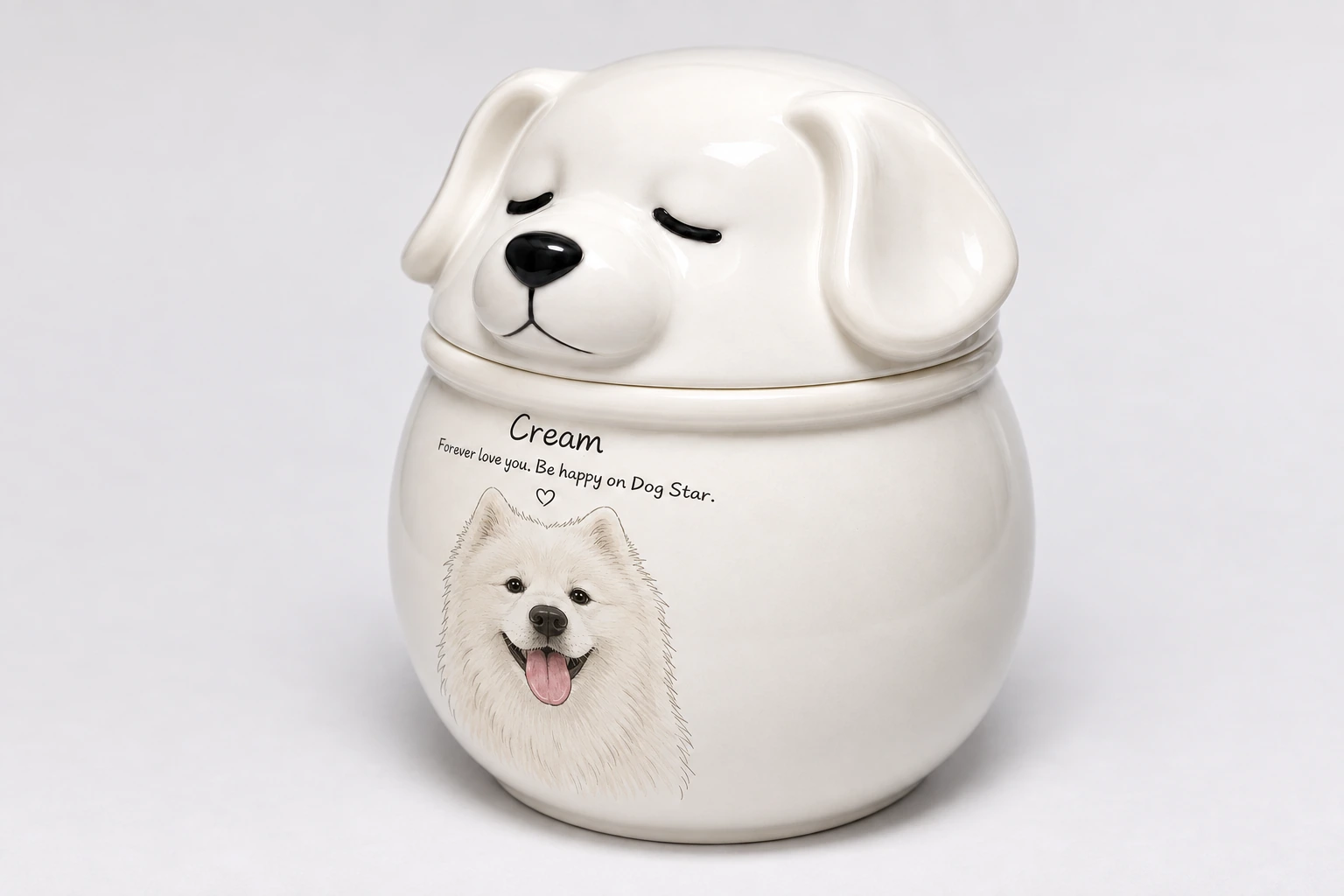 Cream, complete white ceramic dog memorial at a three-quarter angle