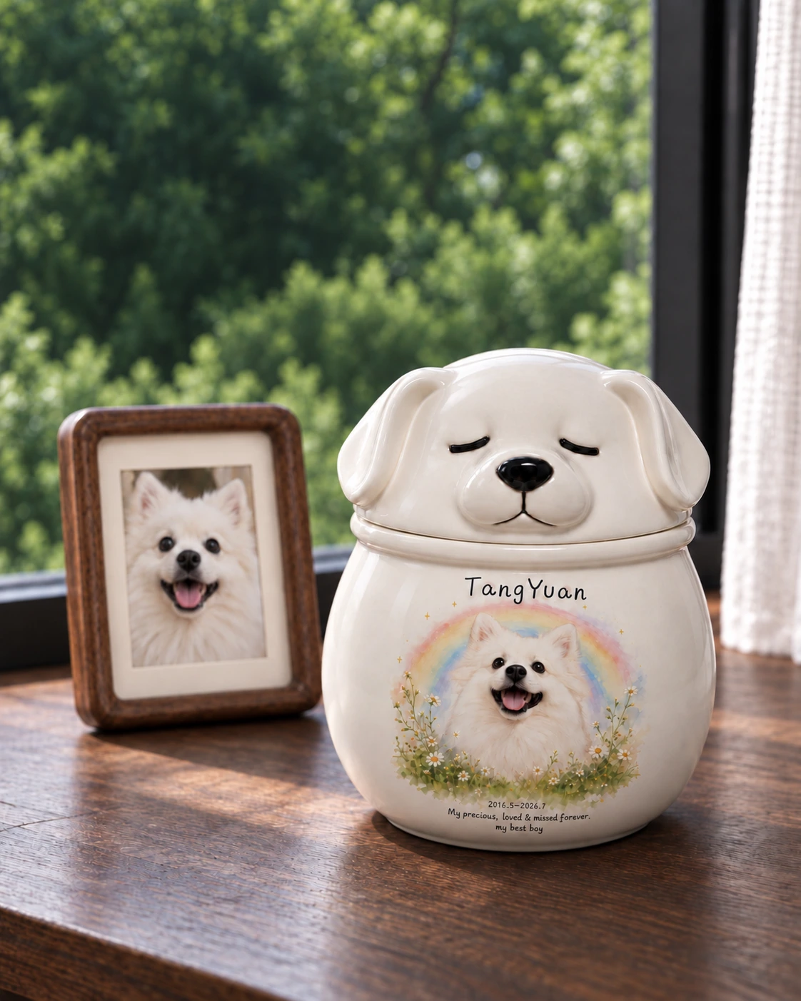 TangYuan personalized dog memorial beside a framed photograph, in the approved forest-window scene