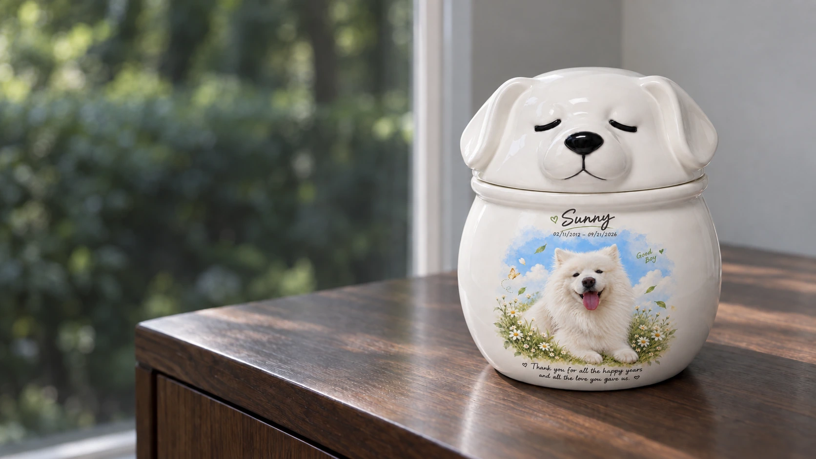 Personalized ceramic pet memorial in a quiet home