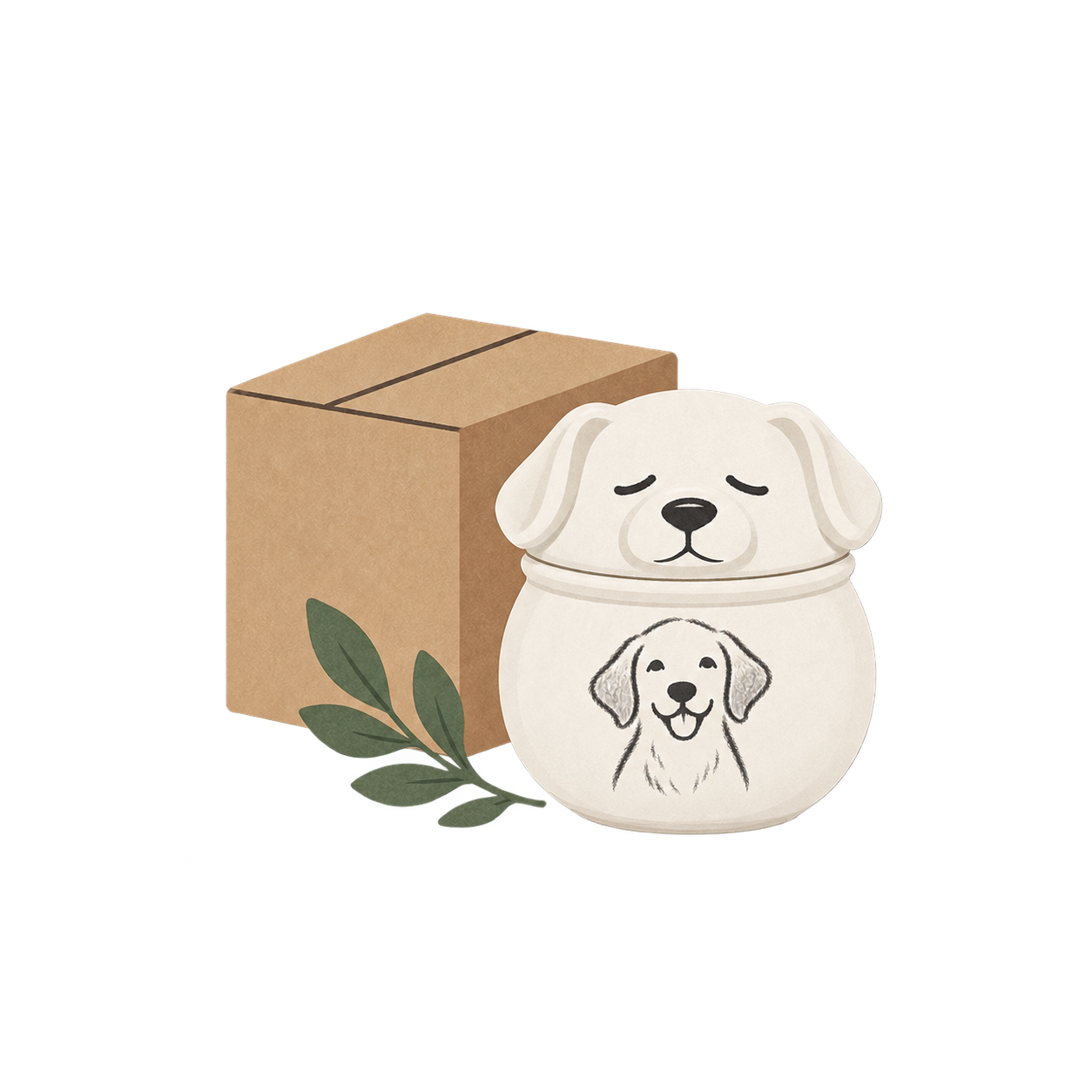 A white floppy-ear dog memorial urn beside a parcel and a botanical sprig