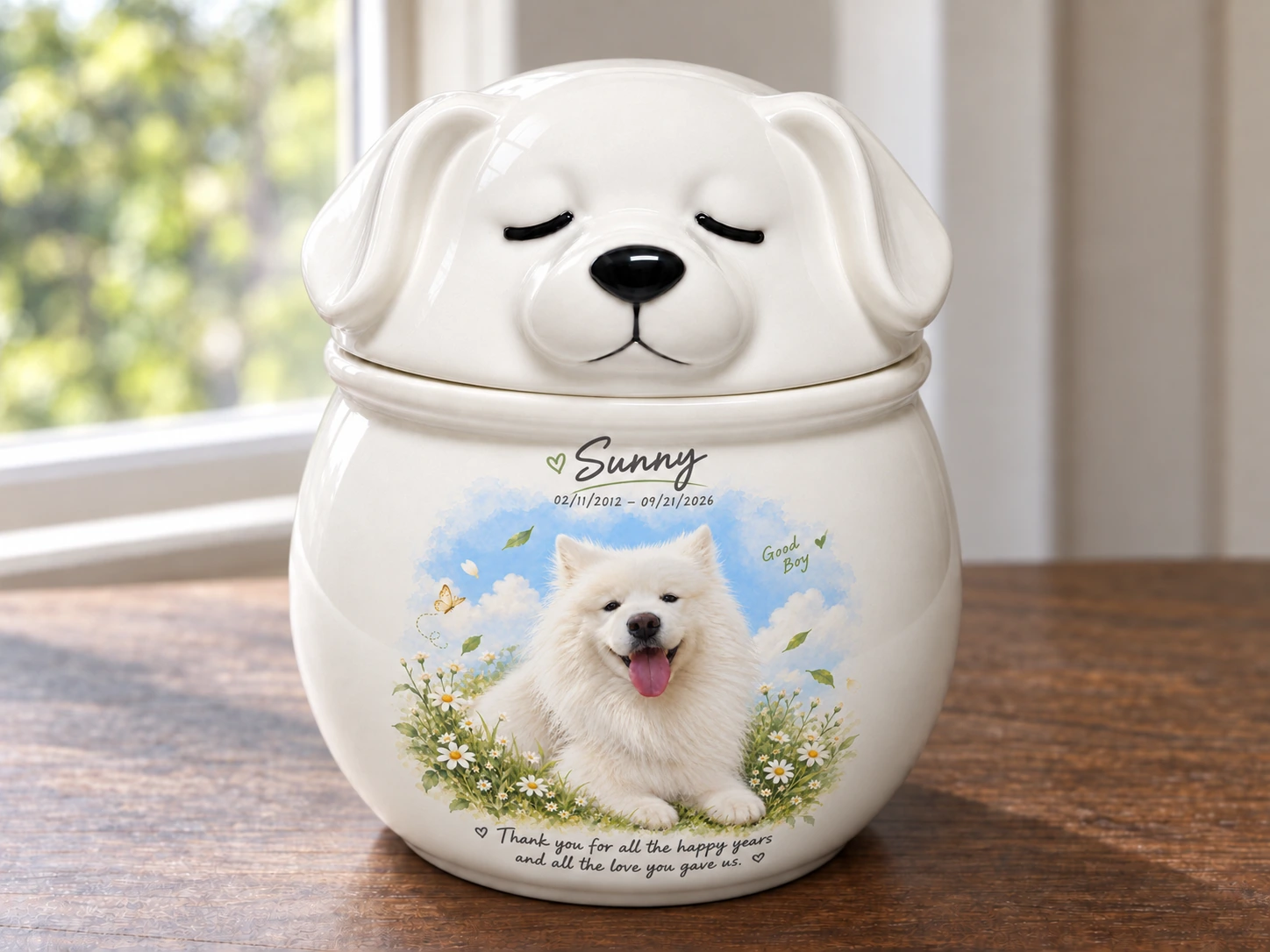 Approved Sunny scene, complete original white dog lid and personalized portrait