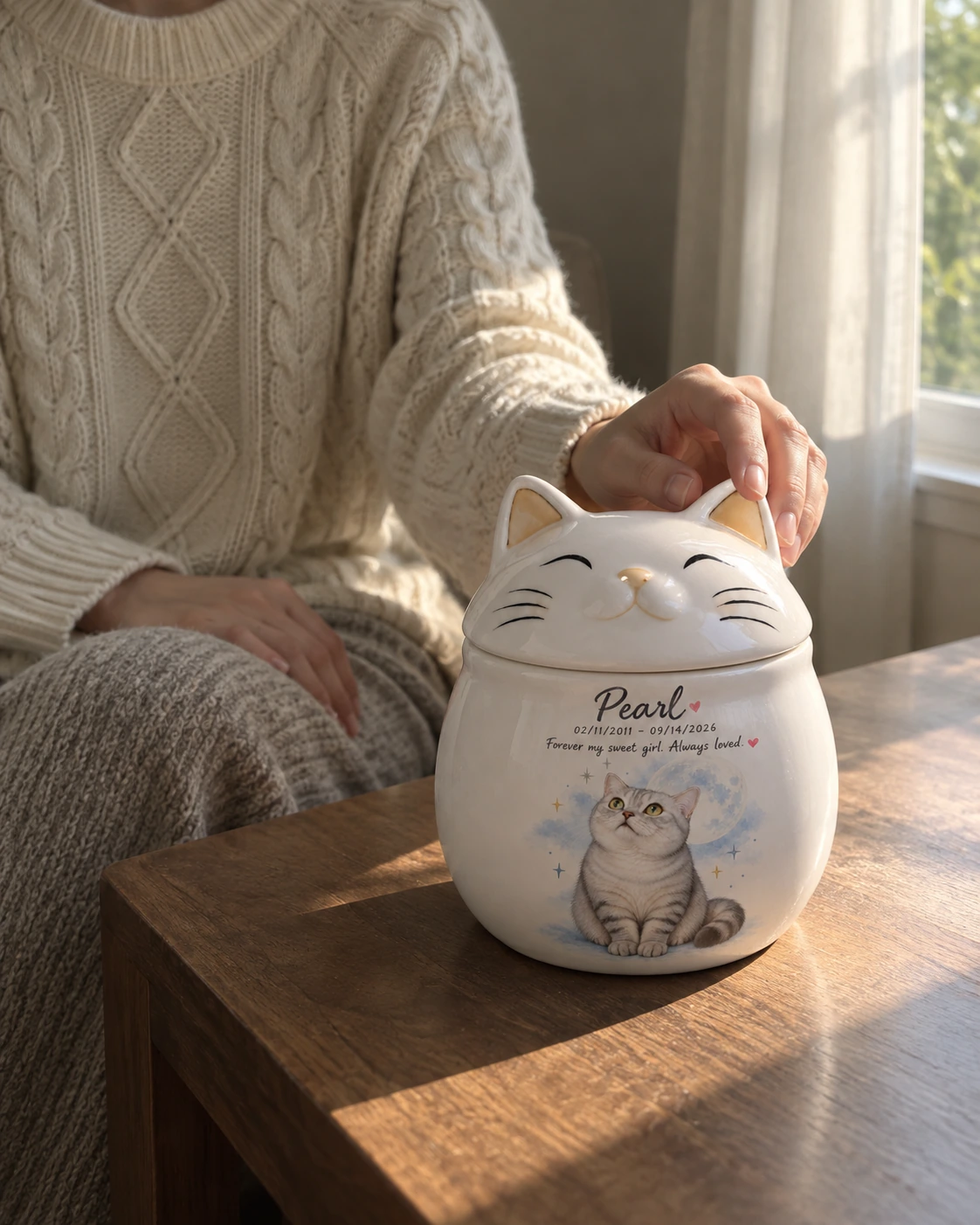 A gentle hand resting on the Pearl memorial in the approved home scene
